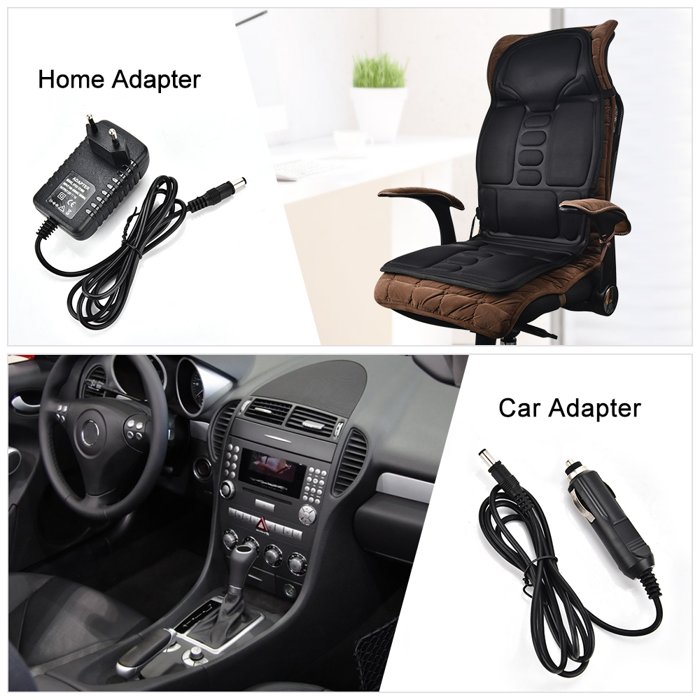 Electric Seat Massager Topper showing power supplies for both car and home use